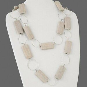 Bleached Wood Rectangles Silver Metal Rings 48" Long Necklace